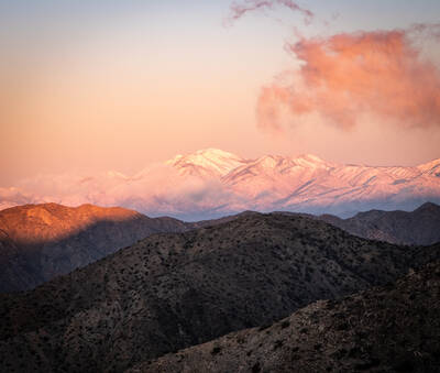 Photo of San Gorgonio mountain from Keys View in Joshua Tree. Sunrise. Spring.