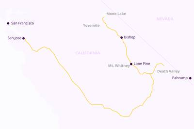 Route of the roadtrip to Death Valley and Mono Lake from San Jose.