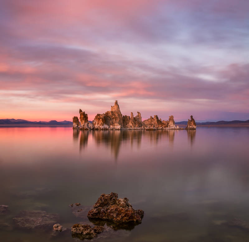 Photo of tufa in Mono Lake at sunset.