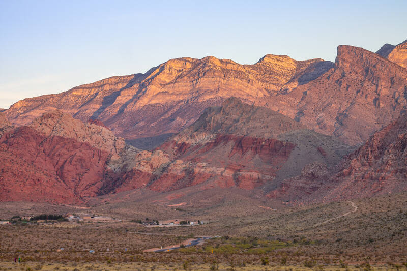 Photo of the hills in Red Rock Canyon National Recreation Area near Las Vegas at Sunrise. Fall.