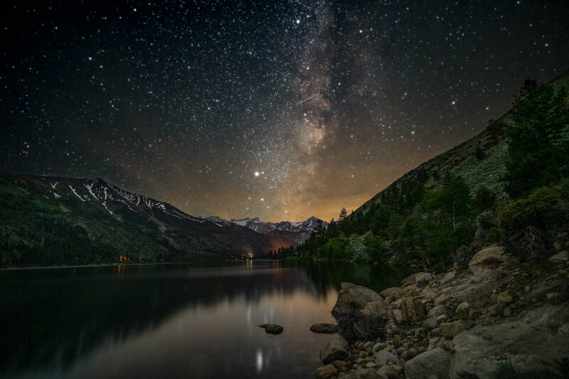 Photo of milky way over lower Twin Lake near Bridgeport, California. Summer.