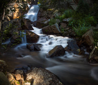 Photo of a waterfall on the trail to Mirror Lake, Indian Peaks Wilderness (west side).