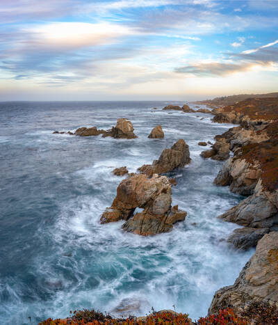 Photo of rocks in the Garrapata State Park. Big Sur, California. Sunrise. Autumn.
