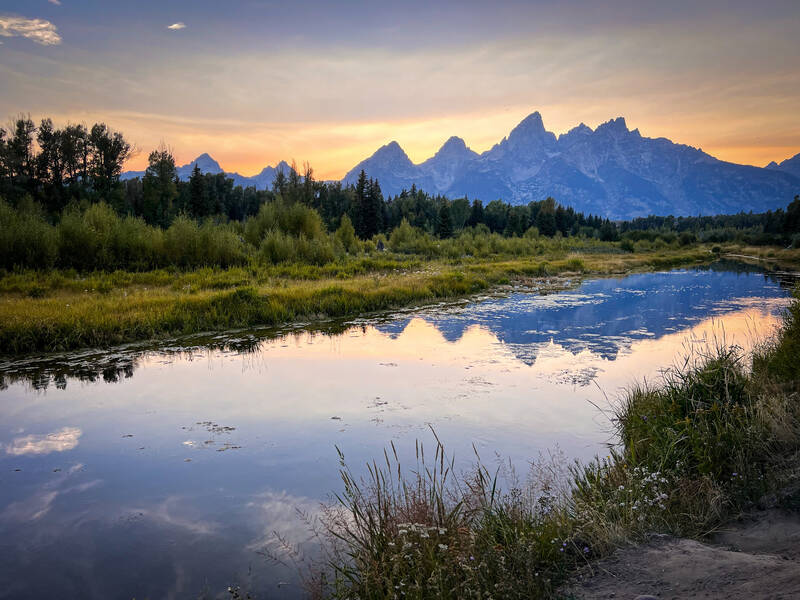 Photo of Grand Tetons from Schwabacker Landing. Summer.