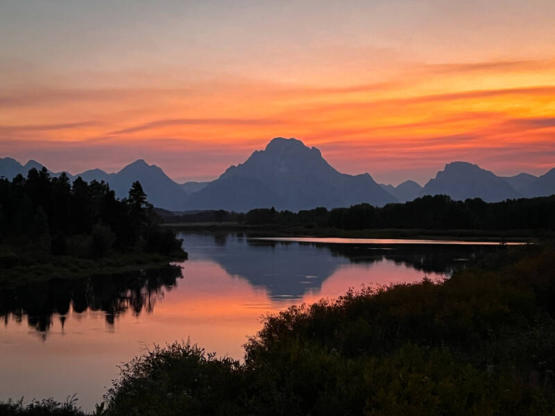 Photo of Grand Tetons from Oxbow Bend. Sunset. Summer.