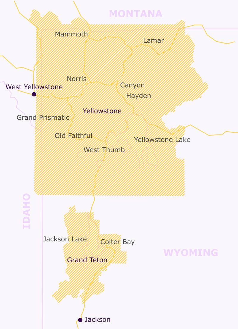 Map of Yellowstone and Grand Teton national parks.